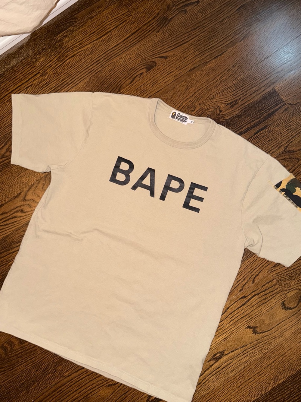 BAPE A Bathing Ape Logo Tee Beige/Cream Camo Sleeve Size 2XL Fits XL/Oversized L
